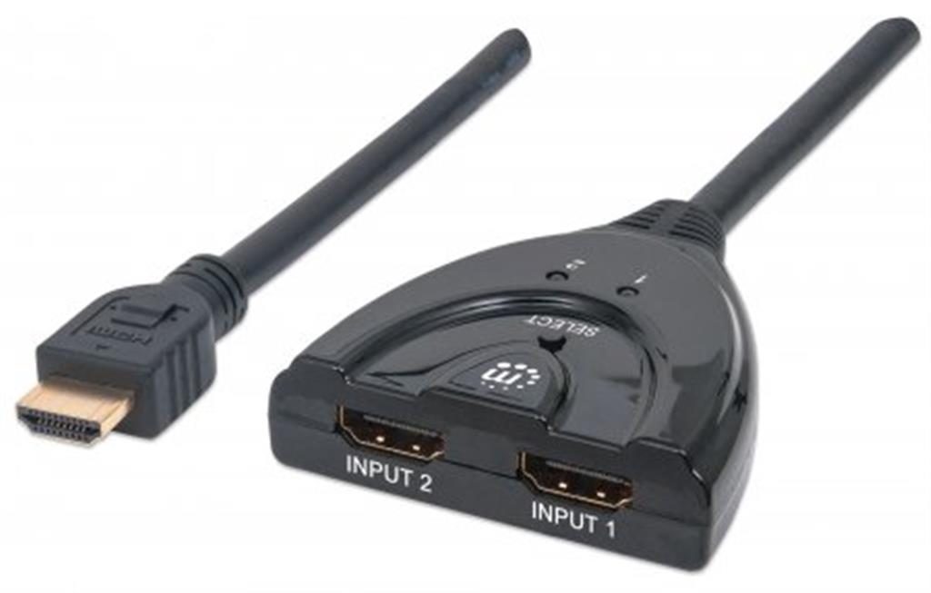 Manhattan HDMI Switch 2-Port, 1080p, Connects x2 HDMI sources to x1 display, Manual Switching (via button), Integrated Cable (50cm), No external power required, Black, Three Year Warranty
