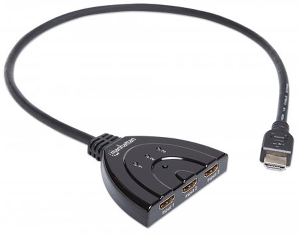 Manhattan HDMI Switch 3-Port, 1080p, Connects x3 HDMI sources to x1 display, Manual Switching (via button), Integrated Cable (58cm), No external power required, Black, Three Year Warranty