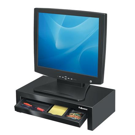 Fellowes Computer Monitor Stand with 3 Height Adjustments - Designer Suites Monitor Riser with Storage Tray - Ergonomic Adjustable Monitor Stand for Computers - Max Weight 18KG/Max Size 21" - Black/Pearl