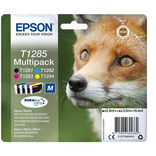 Epson Fox T1285 DURABrite Ultra Multipack 4-colours Ink. Black ink volume: 5.9 ml Supply type: Multi pack Colour ink volume: 3.5 ml Printing colours: Black Cyan Magenta Yellow Quantity per pack: 1 pc(s)