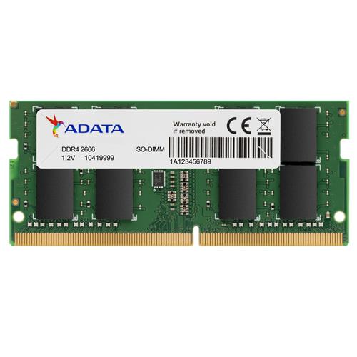 ADATA Premier . Component for: Laptop Internal memory: 4 GB Memory layout (modules x size): 1 x 4 GB Internal memory type: DDR4 Memory clock speed: 2666 MHz Memory form factor: 260-pin SO-DIMM CAS latency: 19
