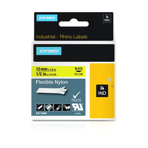 DYMO Rhino Industrial Flexible Nylon Labels | 12 mm x 3.5 m | Black Print on Yellow | Self-Adhesive | for Rhino & LabelManager Label Makers