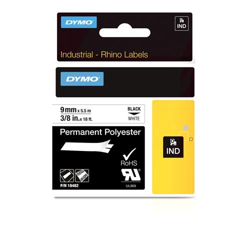 DYMO Rhino Industrial Permanent Polyester Labels | 9 mm x 3.5 m | Black Print on White | Self-Adhesive | for LabelManager & Rhino Label Makers Black on white Multicolour Polyester -40 - 150 C UL 969 DYMO