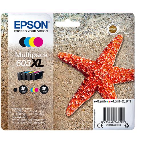 Epson Multipack 4-colours 603XL Ink. Cartridge capacity: High (L) Yield Black ink volume: 8.9 ml Supply type: Multi pack Colour ink volume: 4 ml Printing colours: Black Cyan Magenta Yellow Quantity per pack: 1 pc(s)