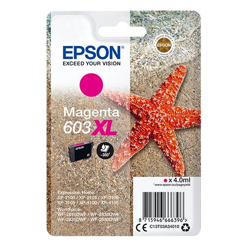 Epson Singlepack Magenta 603XL Ink. Cartridge capacity: High (L) Yield Supply type: Single pack Colour ink volume: 4 ml Printing colours: Magenta Quantity per pack: 1 pc(s)