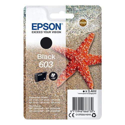 Epson Singlepack Black 603 Ink. Cartridge capacity: Standard Yield Black ink volume: 3.4 ml Supply type: Single pack Printing colours: Black Quantity per pack: 1 pc(s)
