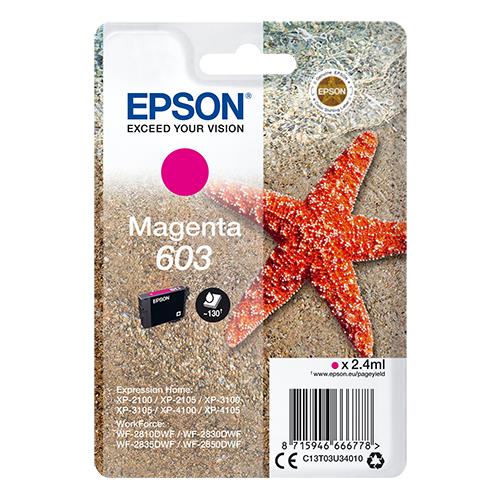 Epson Singlepack Magenta 603 Ink. Cartridge capacity: Standard Yield Colour ink volume: 2.4 ml Printing colours: Magenta Quantity per pack: 1 pc(s)