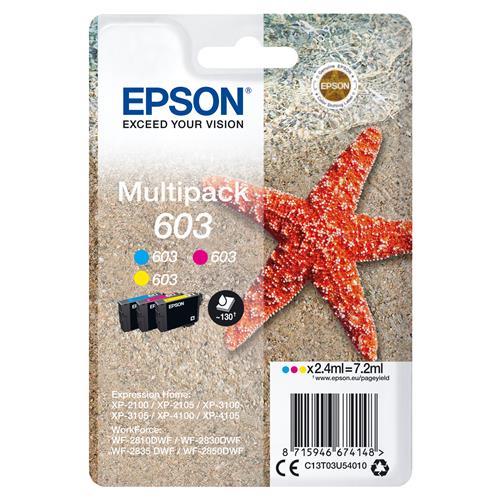 Epson Multipack 3-colours 603 Ink. Cartridge capacity: Standard Yield Supply type: Multi pack Colour ink page yield: 130 pages Colour ink volume: 2.4 ml Printing colours: Cyan Magenta Yellow Quantity per pack: 1 pc(s)