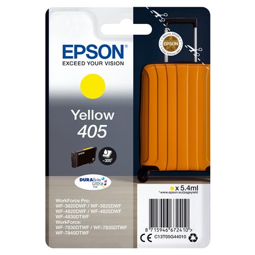 Epson Singlepack Yellow 405 DURABrite Ultra Ink. Colour ink type: Pigment-based ink Cartridge capacity: Standard Yield Supply type: Single pack Colour ink volume: 5.4 ml Printing colours: Yellow Quantity per pack: 1 pc(s)