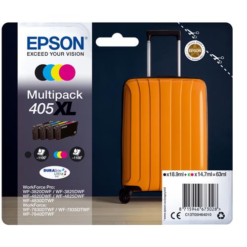 Epson 405XL Suitcase DURABrite Ultra Multipack 4-colours Ink High (L) Yield Black Cyan Magenta Yellow Pigment-based ink Pigment-based ink 18.9 ml 14.7 ml