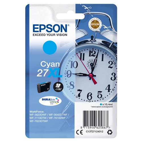 Epson Alarm clock Singlepack Cyan 27XL DURABrite Ultra Ink. Cartridge capacity: High (L) Yield Supply type: Single pack Colour ink page yield: 1100 pages Colour ink volume: 10.4 ml Printing colours: Cyan Quantity per pack: 1 pc(s)