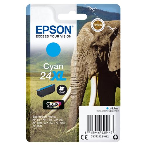 Epson Elephant 24XL Claria Photo HD Single Cyan Ink. Cartridge capacity: High (L) Yield Supply type: Single pack Colour ink page yield: 740 pages Colour ink volume: 8.7 ml Printing colours: Cyan Quantity per pack: 1 pc(s)