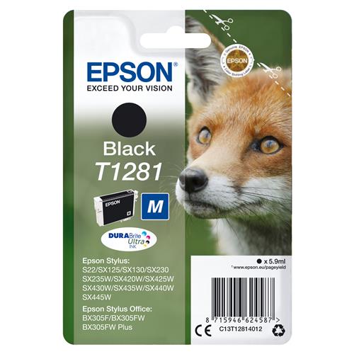 Epson Fox T1281 DURABrite Ultra Single Black Ink. Black ink type: Pigment-based ink Black ink volume: 5.9 ml Supply type: Single pack Printing colours: Black Quantity per pack: 1 pc(s) Black ink page yield: 185 pages