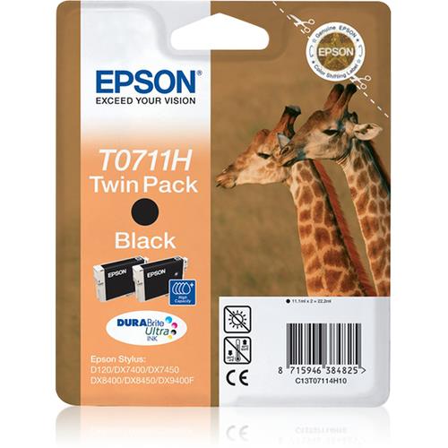 Epson Giraffe Twinpack Black T0711H DURABrite Ultra Ink. Black ink type: Pigment-based ink Cartridge capacity: Low Yield Black ink volume: 11.1 ml Supply type: Twin pack Printing colours: Black Quantity per pack: 1 pc(s)