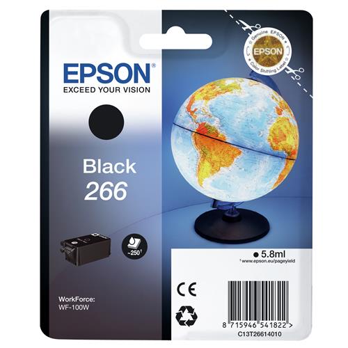 Epson Globe 266 Single Black Ink. Black ink type: Pigment-based ink Black ink volume: 5.8 ml Printing colours: Black Quantity per pack: 1 pc(s) Black ink page yield: 250 pages