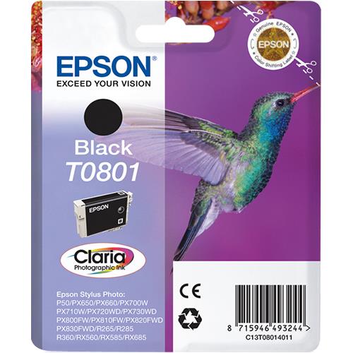Epson Hummingbird Singlepack Black T0801 Claria Photographic Ink Standard Yield Black Pigment-based ink 7.4 ml 7.4 ml 1 pc(s)