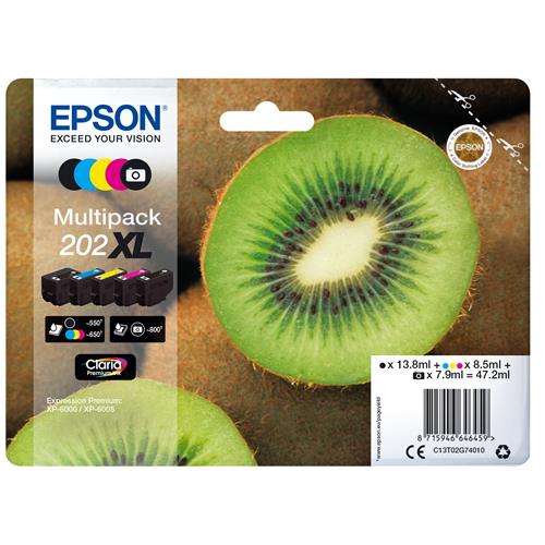 Epson Kiwi Multipack 5-colours 202XL Claria Premium Ink High (L) Yield Black Photo black Cyan Magenta Yellow Pigment-based ink Dye-based ink 13.8 ml 8.5 ml