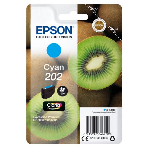 Epson Kiwi Singlepack Cyan 202 Claria Premium Ink. Cartridge capacity: Standard Yield Supply type: Single pack Colour ink page yield: 300 pages Colour ink volume: 4.1 ml Printing colours: Cyan Quantity per pack: 1 pc(s)