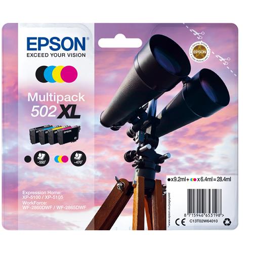 Epson Multipack 4-colours 502XL Ink High (XL) Yield Black Cyan Magenta Yellow Pigment-based ink Dye-based ink 9.2 ml 6.4 ml