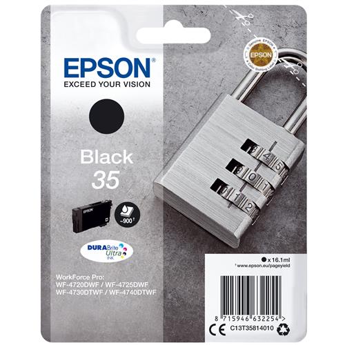 Epson Padlock 35 DURABrite Ultra Single Black Ink. Cartridge capacity: Standard Yield Black ink type: Pigment-based ink Black ink volume: 16.1 ml Printing colours: Black Quantity per pack: 1 pc(s) Black ink page yield: 900 pages