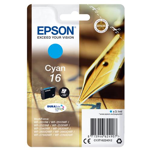 Epson Pen and crossword Singlepack Cyan 16 DURABrite Ultra Ink. Cartridge capacity: Standard Yield Supply type: Single pack Colour ink page yield: 165 pages Colour ink volume: 3.1 ml Printing colours: Cyan Quantity per pack: 1 pc(s)