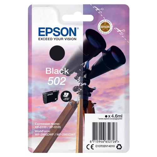 Epson Singlepack Black 502 Ink. Cartridge capacity: Standard Yield Black ink type: Pigment-based ink Black ink volume: 4.6 ml Printing colours: Black Quantity per pack: 1 pc(s) Black ink page yield: 210 pages