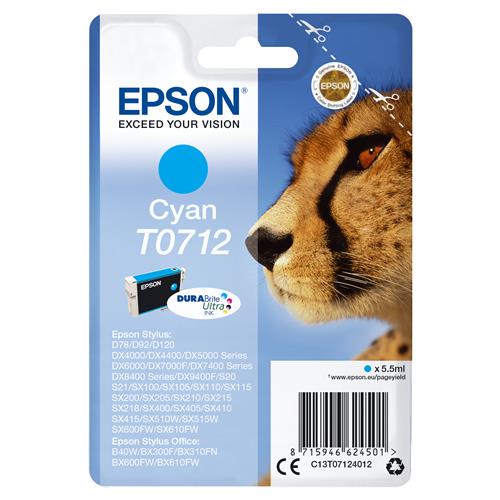 Epson Singlepack Cyan T0712 DURABrite Ultra Ink. Cartridge capacity: Standard Yield Supply type: Single pack Colour ink volume: 5.5 ml Printing colours: Cyan Quantity per pack: 1 pc(s)