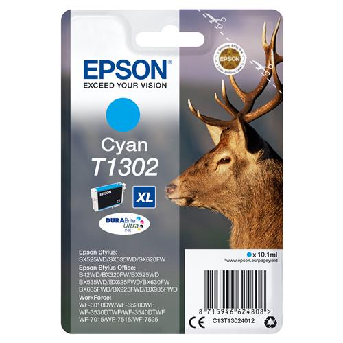 Epson Stag T1302 DURABrite Ultra Single Cyan Ink. Cartridge capacity: High (L) Yield Supply type: Single pack Colour ink page yield: 765 pages Colour ink volume: 10.1 ml Printing colours: Cyan Quantity per pack: 1 pc(s)