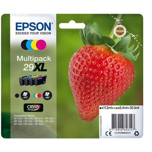 Epson Strawberry Multipack 4-colours 29XL Claria Home Ink High (L) Yield Black Cyan Magenta Yellow 11.3 ml 6.4 ml 1 pc(s) 470 pages