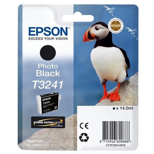 Epson T3241 Photo Black. Colour ink type: Dye-based ink Cartridge capacity: Standard Yield Black ink volume: 14 ml Supply type: Single pack Printing colours: Black Quantity per pack: 1 pc(s) Black ink page yield: 4200 pages