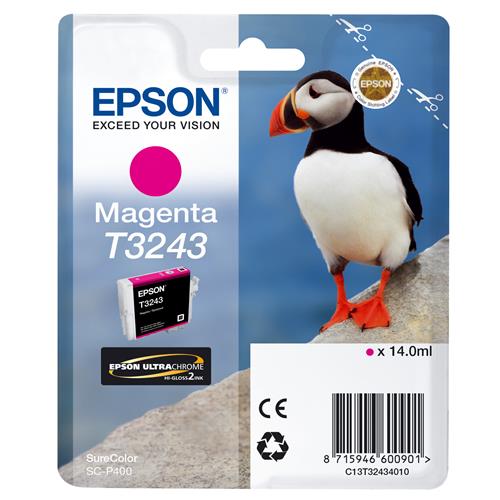 Epson T3243 Magenta. Colour ink type: Pigment-based ink Cartridge capacity: Standard Yield Supply type: Single pack Colour ink page yield: 980 pages Colour ink volume: 14 ml Printing colours: Magenta Quantity per pack: 1 pc(s)