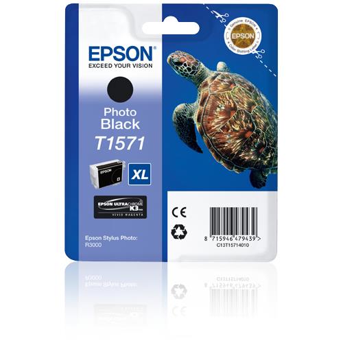 Epson Turtle T1571 Photo Black. Colour ink type: Dye-based ink Cartridge capacity: High (L) Yield Black ink volume: 25.9 ml Supply type: Single pack Printing colours: Black Quantity per pack: 1 pc(s)