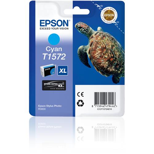 Epson Turtle T1572 Cyan. Cartridge capacity: High (L) Yield Supply type: Single pack Colour ink page yield: 2300 pages Colour ink volume: 25.9 ml Printing colours: Cyan Quantity per pack: 1 pc(s)