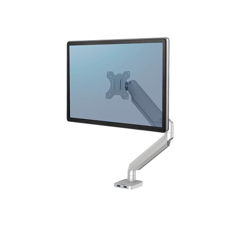 Fellowes Platinum Series Monitor Arm - Monitor Mount for 8KG 40 Inch Screens - Adjustable Monitor Desk Mount - Tilt 45 Pan 180 Swivel 360 Rotation 360 VESA 75 x 75/100 x 100 - Silver