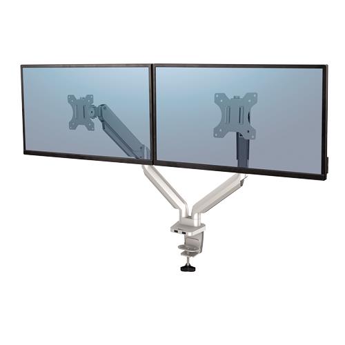 Fellowes Platinum Series Dual Monitor Arm - Monitor Mount for Two 8KG 40 Inch Screens - Adjustable Dual Monitor Desk Mount - Tilt 45 Pan 180 Swivel 360 Rotation 360 VESA 75 x 75/100 x 100 - Silver Clamp/Grommet 8 kg 101.6 cm (40") 100 x 100