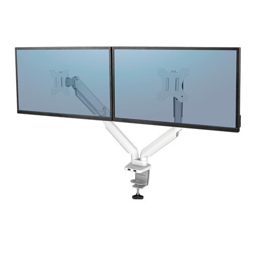 Fellowes Platinum Series Dual Monitor Arm - Monitor Mount for Two 8KG 40 Inch Screens - Adjustable Dual Monitor Desk Mount - Tilt 45 Pan 180 Swivel 360 Rotation 360 VESA 75 x 75/100 x 100 - White