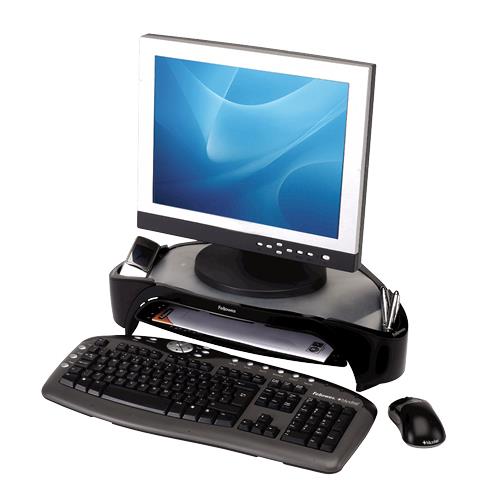 Fellowes Computer Monitor Stand with 3 Height Adjustments - Smart Suites Monitor Riser Plus with Storage Area - Ergonomic Adjustable Monitor Stand for Computers - Max Weight 10KG/Max Size 21" - Black
