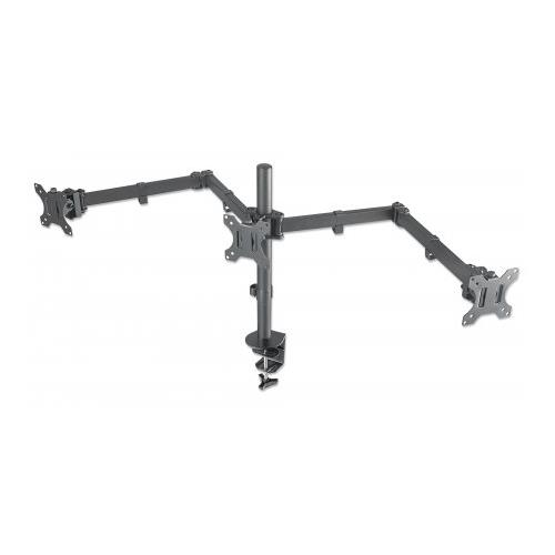 Manhattan Triple Desk Mount for TV & Monitors For screens: 10" to 27" Clamp Assembly VESA compatibility: 75x75 and 100x100mm - check the dimensions of the four mounting holes on back of screen to ensure it fits Max 7kg (each) Black Bracket Lif