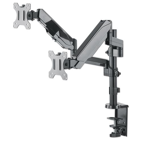 Manhattan Dual Desk Mount for TV & Monitors (Full Motion Gas Spring) For screens 10" to 27" Clamp or Grommet Assembly VESA compatibility: 75x75 and 100x100mm - check the dimensions of the four mounting holes on back of screen to ensure it fits Ma