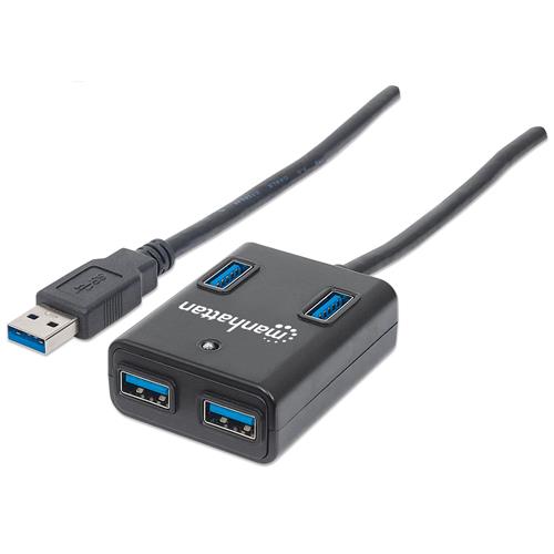 Manhattan USB-A 4-Port Hub 4x USB-A Ports 5 Gbps (USB 3.2 Gen1 aka USB 3.0) USB powered (no external power supply required). Fast charging: 1 port up to 0.9 A; charging on 4 ports requires external power supply (not included) Equivalent to ST4300