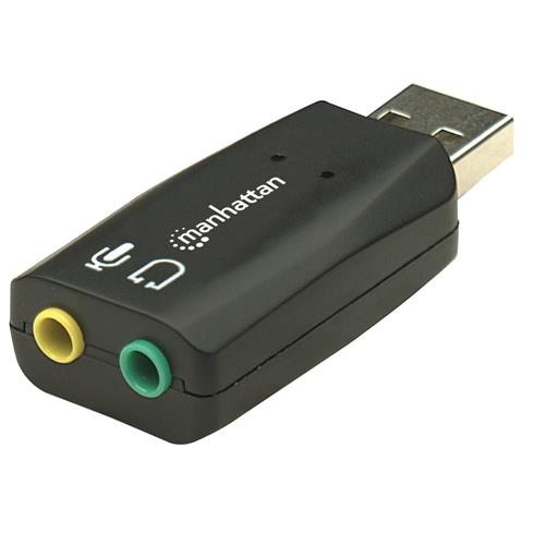 Manhattan USB-A Sound Adapter USB-A to 3.5mm Mic-in and Audio-Out ports 480 Mbps (USB 2.0) supports 3D and virtual 5.1 surround sound Hi-Speed USB Black Three Year Warranty