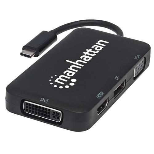 Manhattan USB-C Dock/Hub Ports (x4): DisplayPort DVI-I HDMI or VGA Note: Only One Port can be used at a time External Power Supply Not Needed Universal for all devices Cable 8cm Black Three Year Warranty