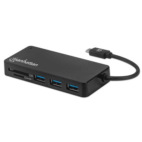 Manhattan USB-C Dock/Hub with Card Reader Ports (x3): USB-A (x3) 5 Gbps (USB 3.2 Gen1 aka USB 3.0) External Power Supply Not Needed Universal for all devices SuperSpeed USB Black Three Year Warranty USB 2.0 Type-C Black MMC MicroSD (TransF