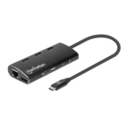 Manhattan USB-C Dock/Hub with Card Reader Ports (x6): Ethernet HDMI USB-A (x3) and USB-C With Power Delivery (100W) to USB-C Port (Note additional USB-C wall charger and USB-C cable needed) Universal for all devices Aluminium Equivalent to DKT