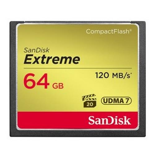 Sandisk CF Extreme 64GB. Capacity: 64 GB Flash card type: CompactFlash Read speed: 120 MB/s Write speed: 85 MB/s. Product colour: Black