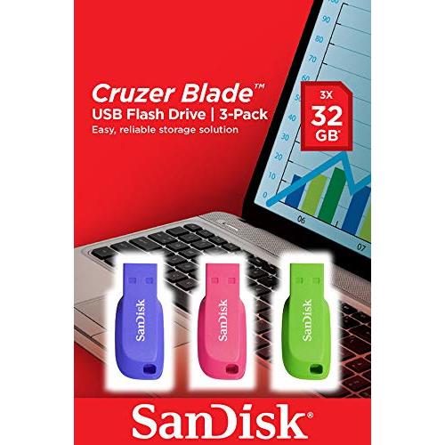 SanDisk Cruzer Blade 3x 32GB. Capacity: 32 GB Device interface: USB Type-A USB version: 2.0. Form factor: Capless. Weight: 2.5 g. Product colour: Blue Green Pink