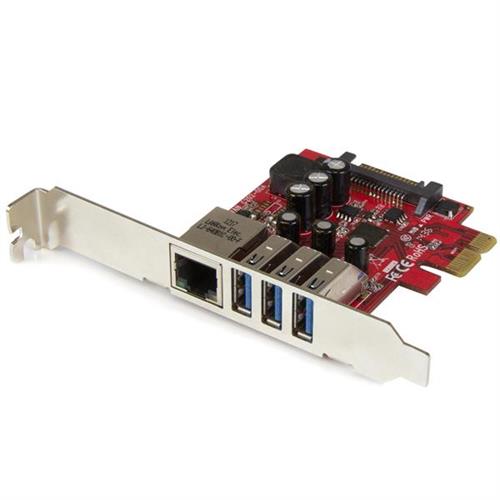StarTech.com 3-Port PCI Express USB 3.0 Card + Gigabit Ethernet - 5Gbps - TAA. Internal. Connectivity technology: Wired Host interface: PCI Express Interface: Ethernet. Maximum data transfer rate: 5000 Mbit/s. Product colour: Metallic Red