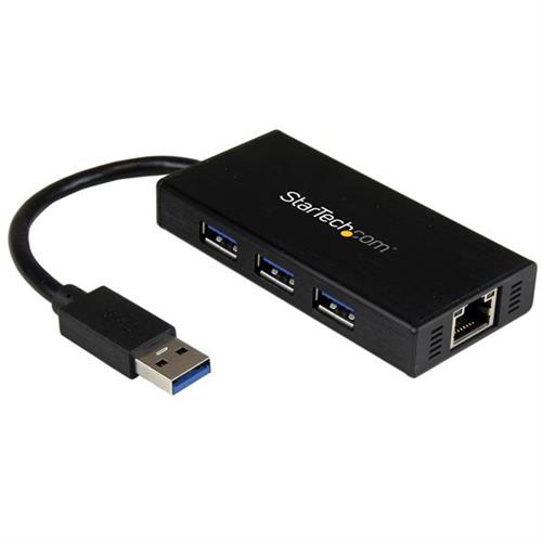 StarTech.com 3-Port Portable USB 3.0 Hub plus Gigabit Ethernet - 5Gbps - Aluminum with Built-in Cable - TAA