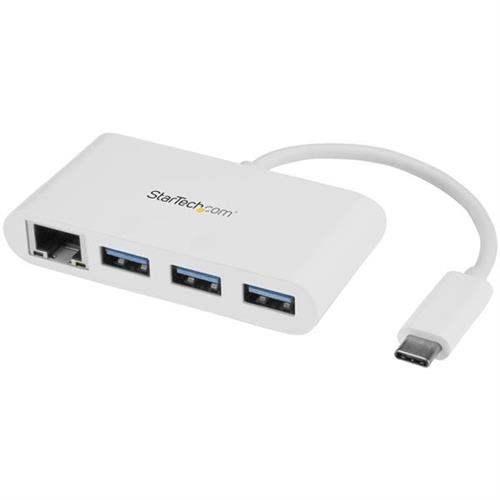 StarTech.com 3-Port USB-C Hub with Gigabit Ethernet - USB-C to 3x USB-A - USB 3.0 Hub - 5Gbps - White Wired USB Ethernet 1000 Mbit/s White