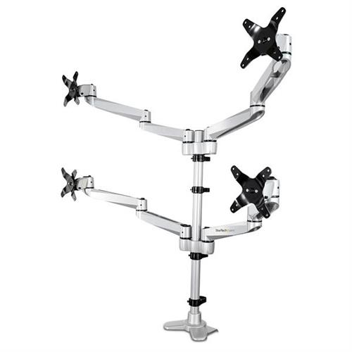 StarTech.com Desk Mount Quad Monitor Arm Premium Articulating VESA 4 Monitor Mount 2x2 up to 30" (24.8lb/11.3kg) Ergonomic Height Adjustable Pole Mount - Tilt/Swivel/Rotate - C-Clamp/Grommet - Silver - TAA